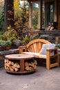 Wooden bench and table sitting on patio next to firewood log. Generative AI