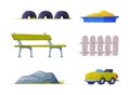 Wooden Bench, Tyre, Sandpit, Fence, Car and Stone Vector Set