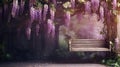 a wooden bench under a purple wister tree in a park. generative ai