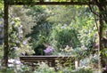 Wooden bench under wooden canopy, with view onto well maintained, well stocked secluded garden. Royalty Free Stock Photo