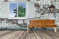 Wooden bench with white window and cuckoo clock hang vintage brick wall on floor wood