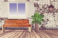 Wooden bench with white window and cuckoo clock hang vintage brick wall on floor wood