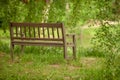 Wooden bench in a wildflower green garden with trees Royalty Free Stock Photo