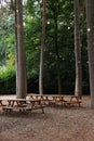 Wooden benches and tables in forest. Recreation area Royalty Free Stock Photo