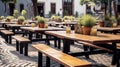 Wooden benches and tables restaurant background. Generative ai design