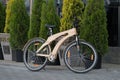 Wooden bike. eco bike. ecological transport. design work. on a green background