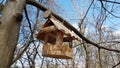 Wooden bird feeder made of wood in the style of houses from a log house. Decorative design of parks and recreation areas. Handmade Royalty Free Stock Photo