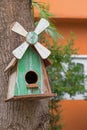 Wooden bird house with real bird nest inside, hanging on mango t