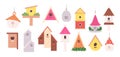 Wooden bird houses. Handmade birdhouse cartoon elements. Feeders crafted for various birds. Children craft, homes for