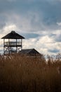 A wooden bird watchtower against a dramatic sky in Randu meadow in Latvia