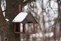 Wooden Birdfeeder on a tree in winter. High quality photo Royalty Free Stock Photo