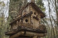 Wooden birdhouse attached to birch trunk made of boards and twigs with double level roof, feeder-balcony, braided twigs fence