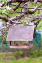 Wooden birdhouse bird feeder side view hanging on a branch