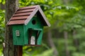 Photo of wooden birdhouse in cold summer forest