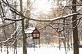 Wooden birdhouse for feeding birds under the snow on a tree branch. Winter time Royalty Free Stock Photo