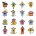 Wooden birdhouse. Garden little houses on branches wooden living room for flying birds recent vector illustrations Royalty Free Stock Photo