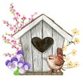 Wooden birdhouse with a heart-shaped hole and flowers isolated on white background