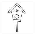 Wooden birdhouse on a stick for birds. Vector illustration in Doodle style. Isolated object on a white background.