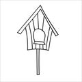 Wooden birdhouse on a stick for birds. Vector illustration in Doodle style. Isolated object on a white background.