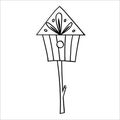 Wooden birdhouse on a stick for birds. Vector illustration in Doodle style. Isolated object on a white background.