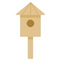 Wooden birdhouse on a stick, a house for birds from boards. Hand drawn vector illustration. Isolated element on a white