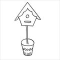 A wooden birdhouse on a stick in a pot. Vector illustration in Doodle style. Isolated object on a white background.