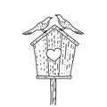 Wooden birdhouse on a stick with two birds birds. Vector illustration in Doodle style. Valentibe and wedding concept