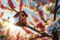 Wooden birdhouse on a tree in the farm park zone Royalty Free Stock Photo
