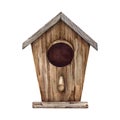 Wooden birdhouse watercolor illustration. Hand drawn cute bird shelter in natural colors. Vintage style cute hand made Royalty Free Stock Photo