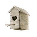 Wooden birdhouse watercolor illustration. Hand painted bird house image with heart shape entrance. Wood home handmade symbol of lo