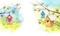 Wooden birdhouses and blooming trees in spring, watercolor illustration