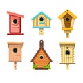 Wooden birdhouses vector isolated icons nesting boxes to hang on tree small buildings of planks with hole