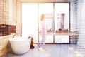 Wooden and black modern bathroom, side view blur Royalty Free Stock Photo