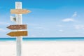 Wooden blank sign Over Blurred blue sea and sand beach with cloudy blue sky Royalty Free Stock Photo