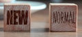 Wooden block cubes for new normal wording. The world is changing to balance it into new normal include business Royalty Free Stock Photo