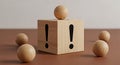 Wooden block exclamation point attention warning caution alert danger risk hazard problem issue concern important urgent critical Royalty Free Stock Photo