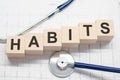 Habits word written on wooden blocks and stethoscope on light white background Royalty Free Stock Photo