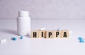 Wooden block form the word HIPAA Health Insurance Portability and Accountability Act on white. Medical concept