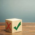 Wooden block with a green check mark. The concept of choice and making the right decision. Business management. Plan, planning.