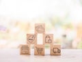 Wooden block with online shopping and e-commerce icons set