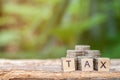 Wooden block with a TAX word and coins