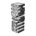 Wooden block tower game sketch engraving vector