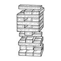 Wooden block tower game sketch engraving vector