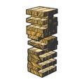 Wooden block tower game sketch engraving vector