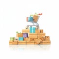 Wooden block with trolley and paper boxes symbolize shopping success