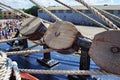 Wooden blocks as part of rigging on the ship. Royalty Free Stock Photo