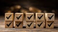 Wooden blocks with check marks arranged in rows Royalty Free Stock Photo