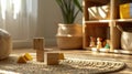 Wooden blocks on a colorful carpet in a room with toys in the background Royalty Free Stock Photo