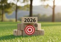 Wooden blocks displaying 2026 with a target symbol on grass isolated on white background Royalty Free Stock Photo