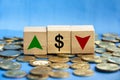 Wooden blocks with dollar icon and symbol arrow up and down. Business and currency fluctuation concept